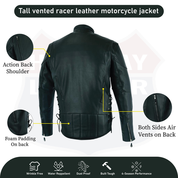 HL10206Tall TALL black vented racer leather motorcycle jacket