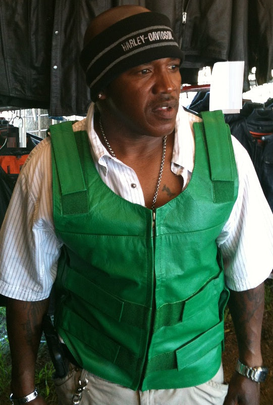 Green Bulletproof Style tactical street leather vest - Zippered - HighwayLeather