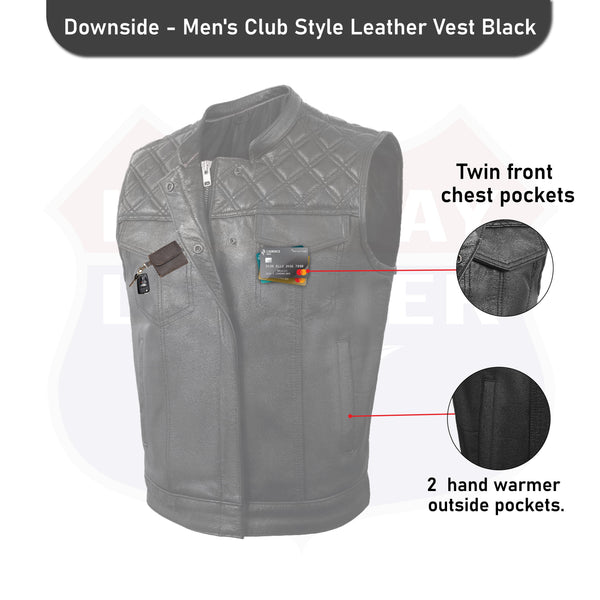 HL11693SPT Black Men Cross Stitch Club Leather Vest