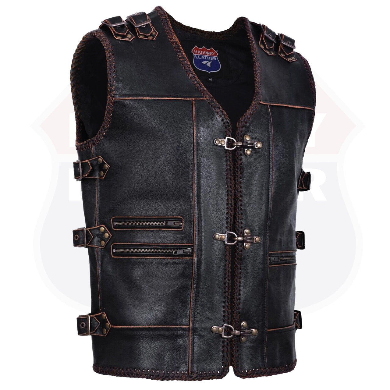 Mens Genuine Cow Leather Heavy Metal Zipper Buckled Rocker Braided Vest-11649BRN/11699 Rocker biker Waistcoat - HighwayLeather