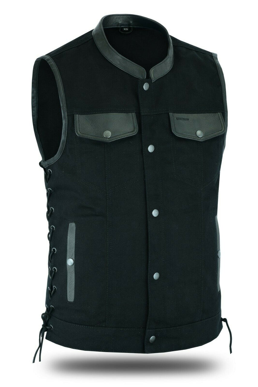 Men's Motorcycle Denim OUTLAW SOA Club Style Vest Gun Pockets Biker #21685/Side - HighwayLeather