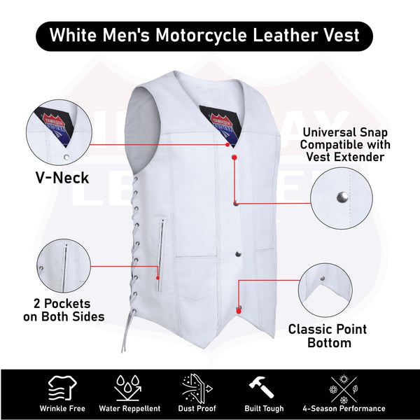 HL3540WHITE Men's Genuine White Leather 7 Pockets Motorcycle HL3540WHITE Men's Genuine White Leather 7 Pockets Motorcycle