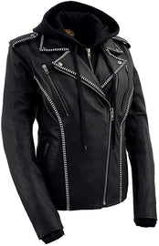 Milwaukee Leather MLL2503 Ladies “Bedazzled” Black Leather Moto Jacket with Hoodie - HighwayLeather