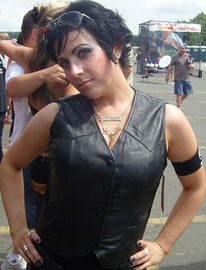 Women side stretch front snap leather vest