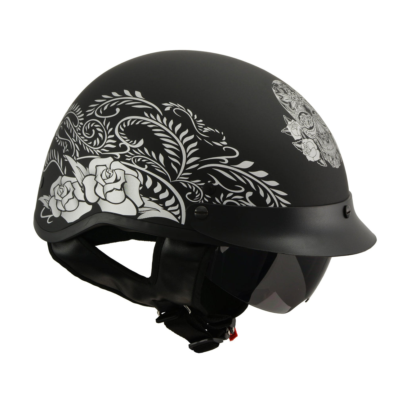 MPH DOT Helmet w/ Drop Sun Visor Sugar Skull & Rose Matt Black - HighwayLeather