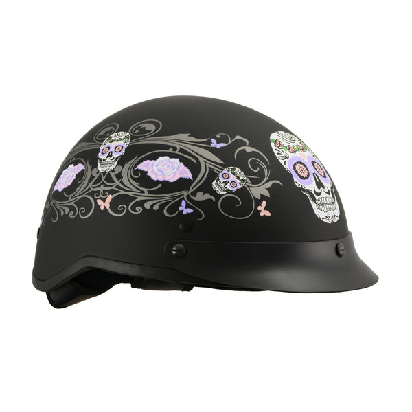 MPH9726 DOT Helmet w/ Drop Sun Visor Sugar Skull Graphic Shiny Black– HighwayLeather
