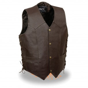 Men's Side Lace Leather Vest w/ Eagle Head & Stars - HighwayLeather