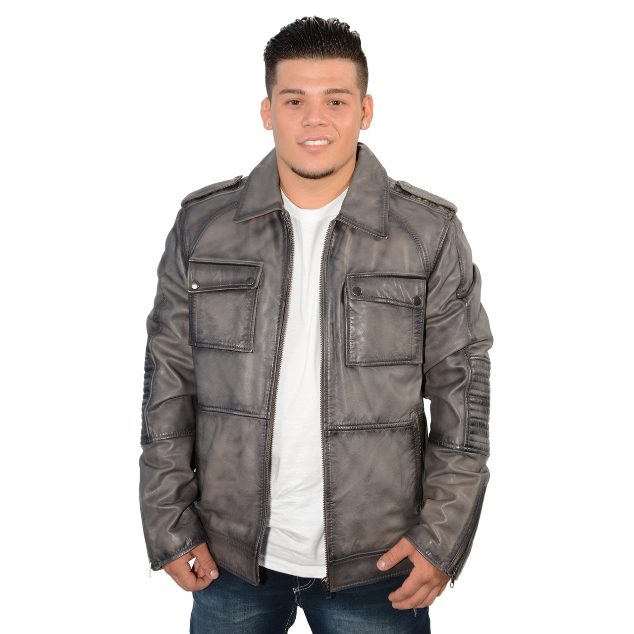 Men's 32 inch patch pocket jacket with shirt collar and padded elbows. - HighwayLeather