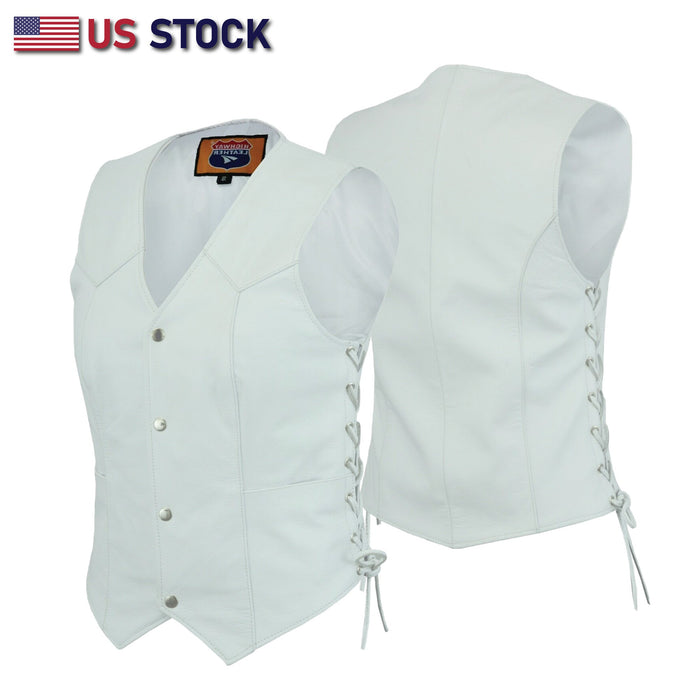 Buffalo Leather Gear women's white motorcycle vest with concealed carry pockets, biker club style for Harley riders.