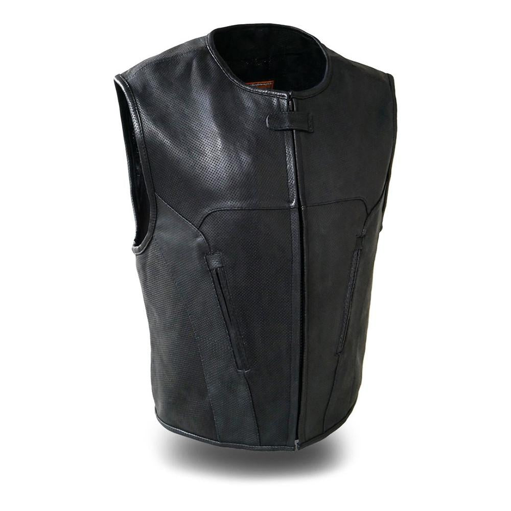 The Raceway Men's Rolled Collar with Hidden Snap Collar Vest - HighwayLeather