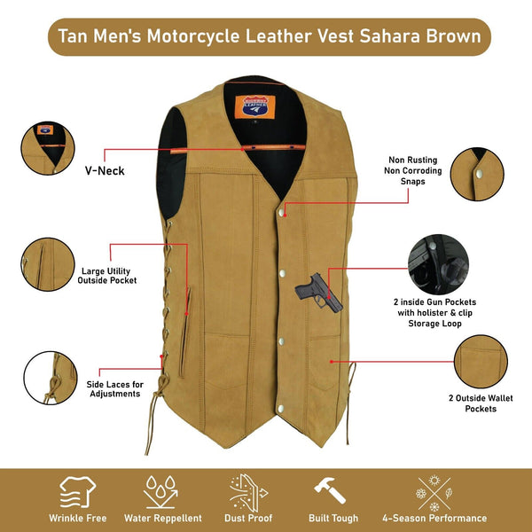 HL3540TAN Men's Motorcycle Leather Vest Sahara Brown TAN