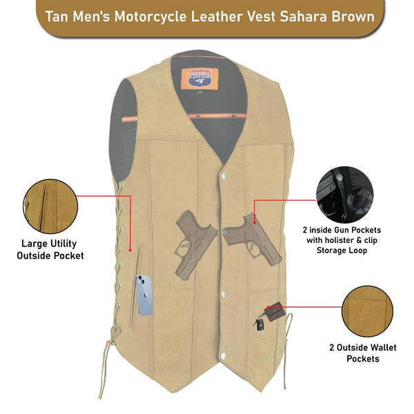 HL3540TAN Men's Motorcycle Leather Vest Sahara Brown TAN