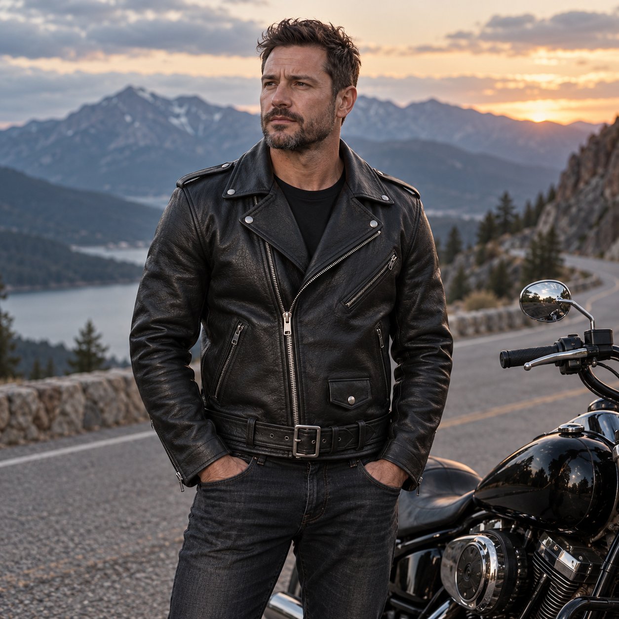 Biker wearing a black leather motorcycle jacket beside a cruiser on a mountain road