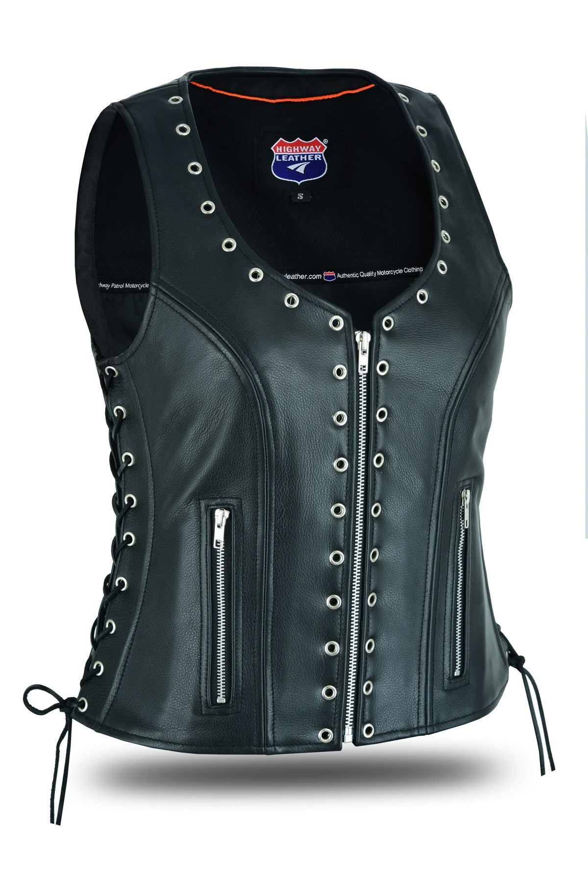 Highway Leather women's black leather vest with silver eyelets, side laces, and zippered pockets