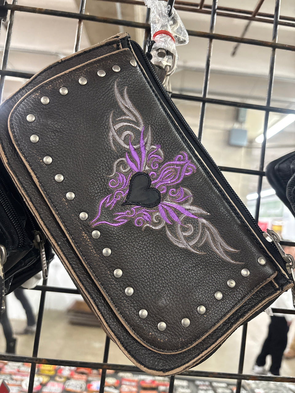 HL80156BRN/PURPLE Brown Leather with Purple Tribal Embroidery Clip Brown bag - HighwayLeather