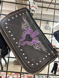 HL80156BRN/PURPLE Brown Leather with Purple Tribal Embroidery Clip Brown bag - HighwayLeather