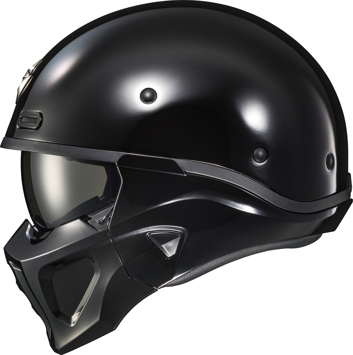Scorpion EXO Covert X open-face helmet in glossy black, size XS, featuring sleek design and secure chin strap, on white background.