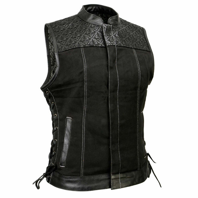 Black Milwaukee Leather Skelly women's motorcycle denim vest with skull embroidery, featuring a stylish and edgy design for women.