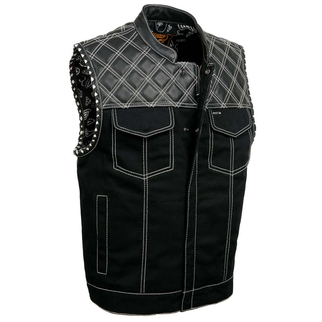 Milwaukee Leather men's Wrecker black denim and leather vest with diamond quilt design, club style vest with front zipper and pocket details.