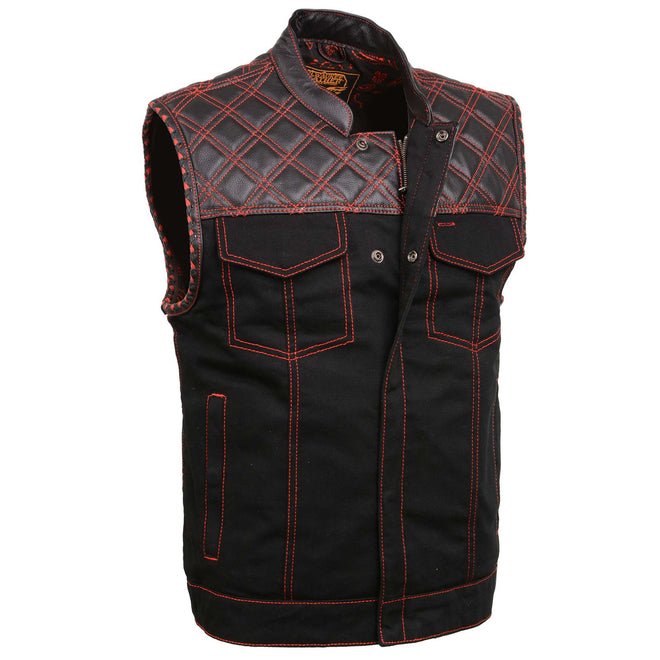 Milwaukee Leather men's Wrecker black denim and leather vest with diamond quilt design, club style vest for men.