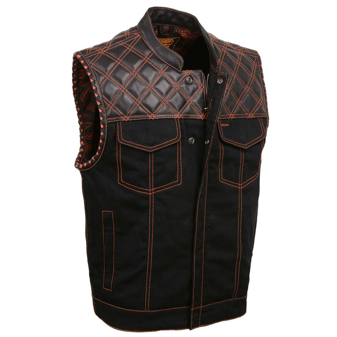 Milwaukee Leather men's Wrecker black denim and leather vest with diamond quilt design, club style vest for men.
