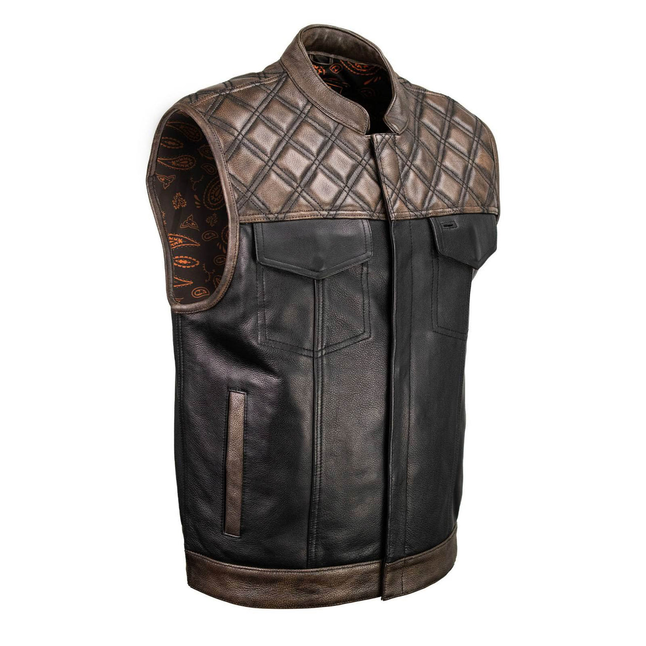 MLM3529 Men's Black & Brown Paisley Lined Leather Vest w/ Accent Stitching & Armhole Trim - HighwayLeather