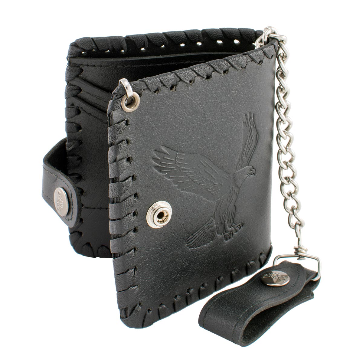 Milwaukee Leather MLW7800 men's black leather biker wallet with braided design and steel chain, featuring a flying eagle motif.