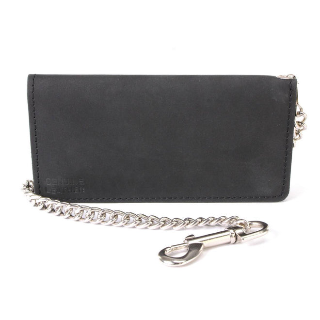 Milwaukee Leather MLW7892 men's 7-inch leather bi-fold biker wallet with multiple storage slots and stainless steel chain.