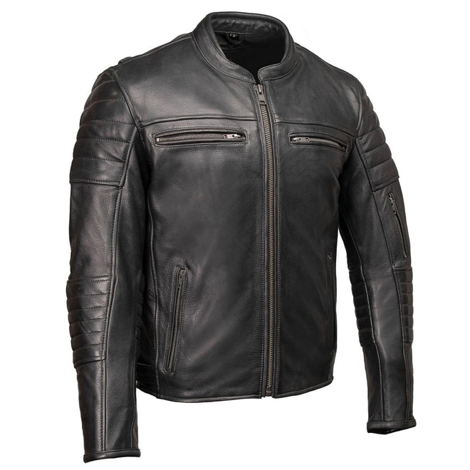 Milwaukee Leather men's Contender scooter style black leather jacket with premium craftsmanship, displayed on a plain background.