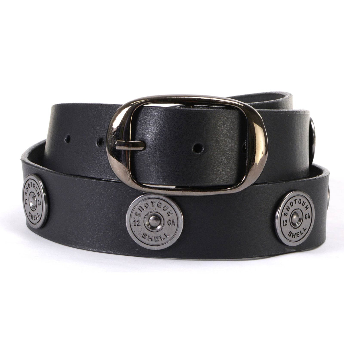 Milwaukee Leather MP7111 men's black leather belt with 1.5-inch width and 12 gauge shell emblems, HighwayLeather belt product image.
