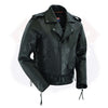 Buffalo Leather Gear men's Highway Patrol leather jacket in black with hardware and kidney back design, authentic motorcycle style.