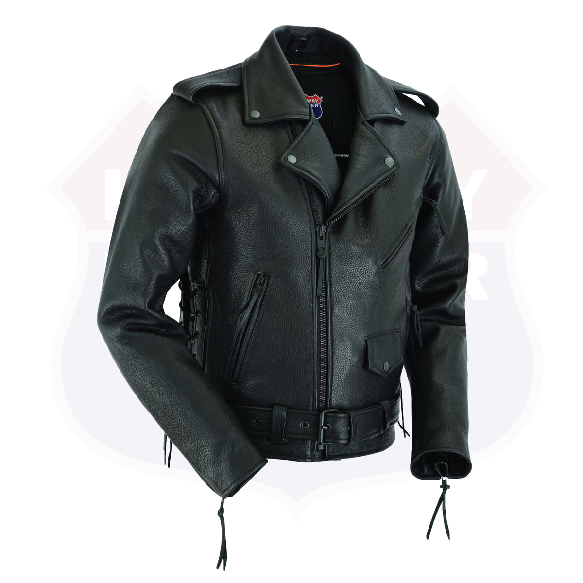 Buffalo Leather Gear men's Highway Patrol leather jacket in black with hardware and kidney back design, authentic motorcycle style.