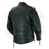 Buffalo Leather Gear men's highway patrol leather jacket in black with hardware and kidney back design, authentic motorcycle style.