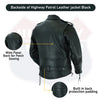 Buffalo Leather Gear men's highway patrol leather jacket in black with hardware, featuring a kidney back design.
