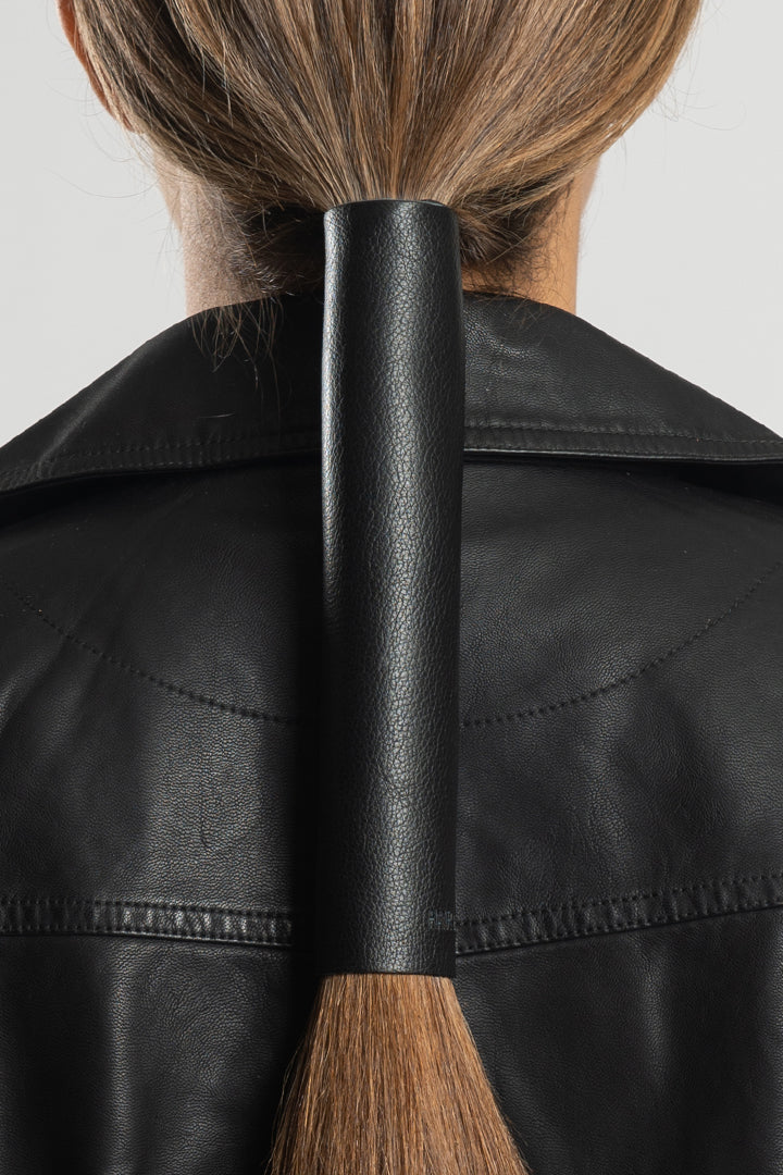 Black leather ponytail holder by Hair Glove, 12-inch length, stylish and durable hair accessory for secure hair styling.