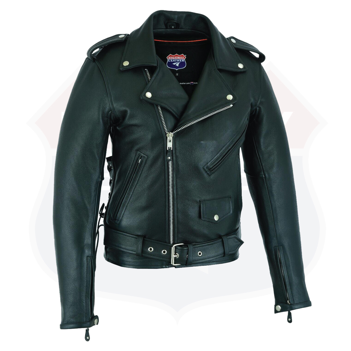 Buffalo Leather Gear men's black old school police-style motorcycle leather jacket with classic design and sturdy construction.