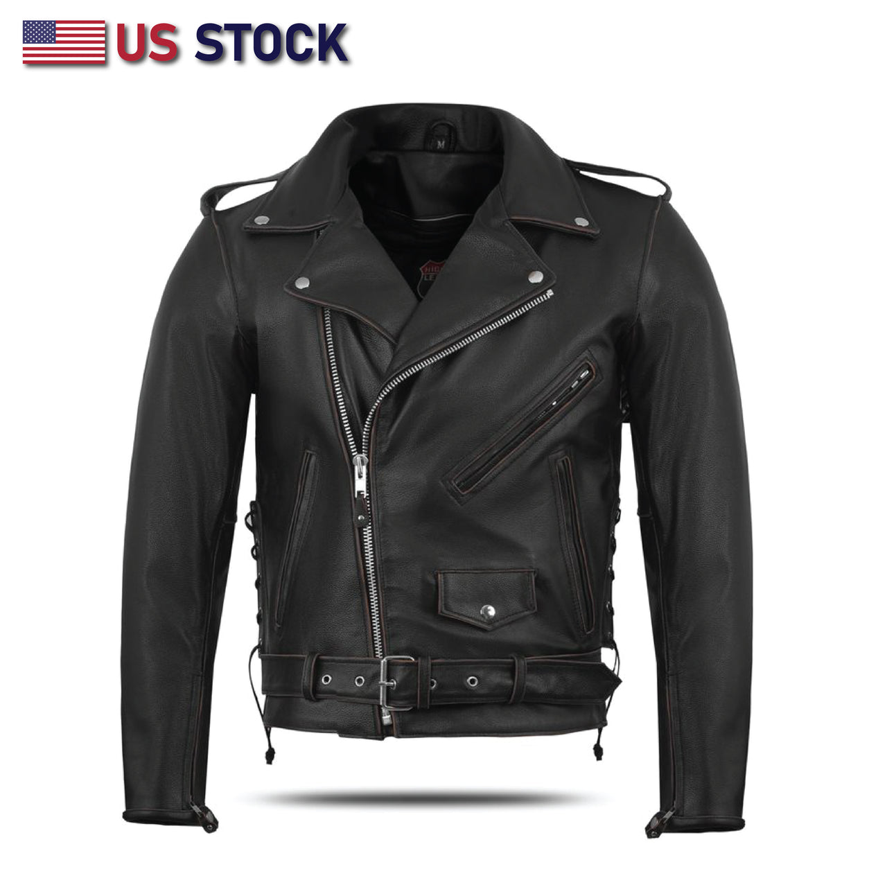 Buffalo Leather Gear men's brown old school police style motorcycle leather jacket with classic design and rugged texture.