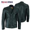 Buffalo Leather Gear men's black mandarin collar long sleeve leather shirt, stylish men's jacket with sleek design and classic collar.