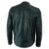 Black men's leather shirt with mandarin collar and long sleeves from Buffalo Leather Gear, styled as a modern men's jacket.
