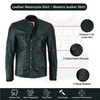 Buffalo Leather Gear men's black mandarin collar long sleeve leather shirt, stylish men's jacket with sleek design.