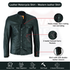 Men's black leather long sleeve shirt with mandarin collar, from Buffalo Leather Gear, featuring a sleek, stylish design.