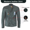 Men's black leather long sleeve shirt with mandarin collar, from Buffalo Leather Gear, featuring a stylish and sleek design.