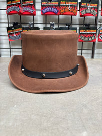 HL80111BROWN - Handcrafted Brown Leather TOP HAT shapeable brim - HighwayLeather