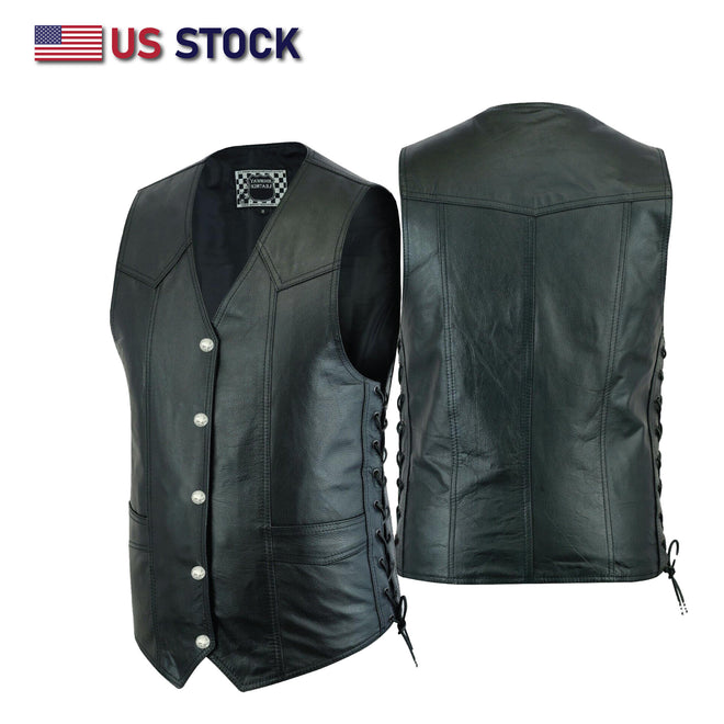 Men’s Classic Western-Cut Leather Motorcycle Vest with Utility Pockets and Side Laces | HL11614SPT