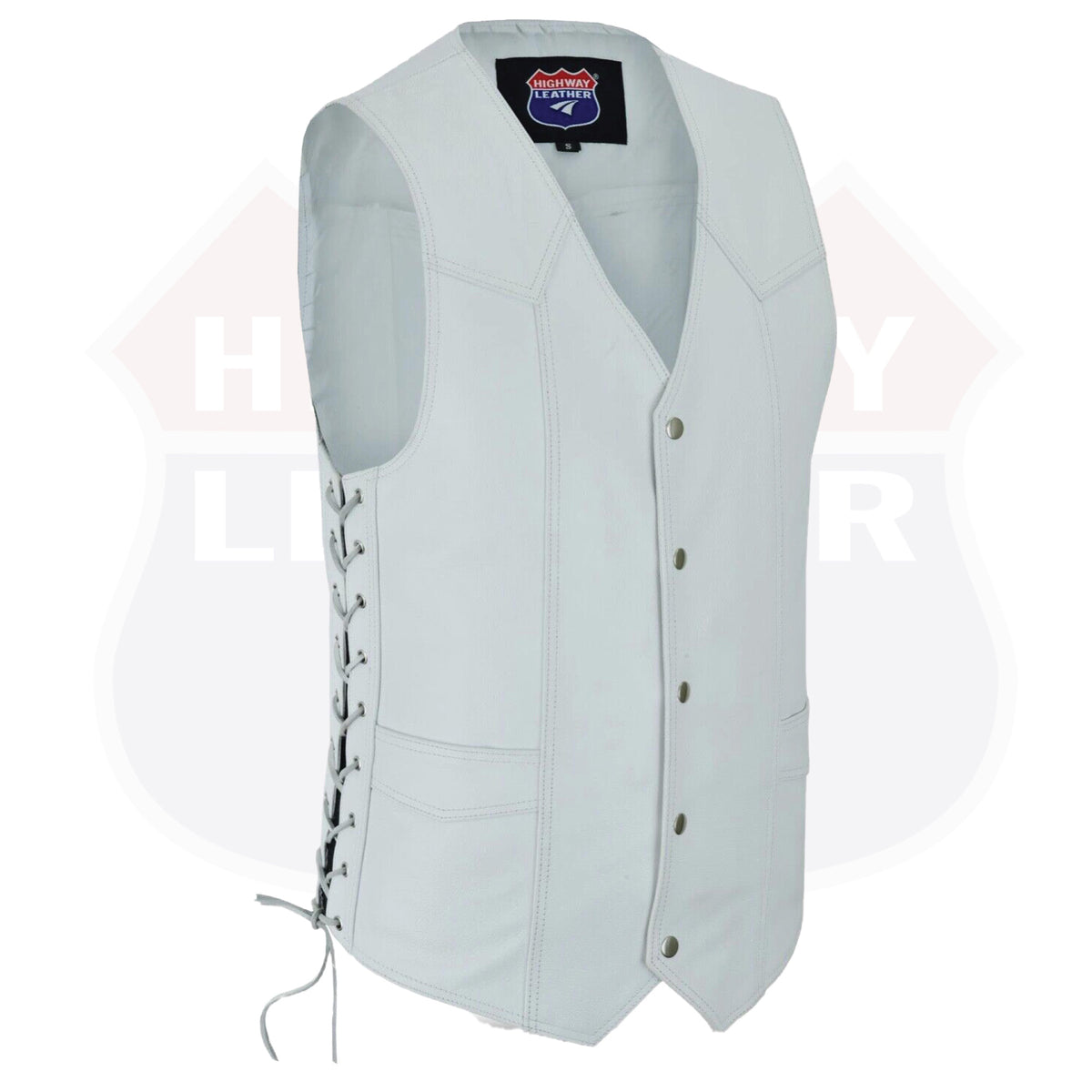 White men's leather vest with side laces, traditional style, from Buffalo Leather Gear, shown on a plain background.