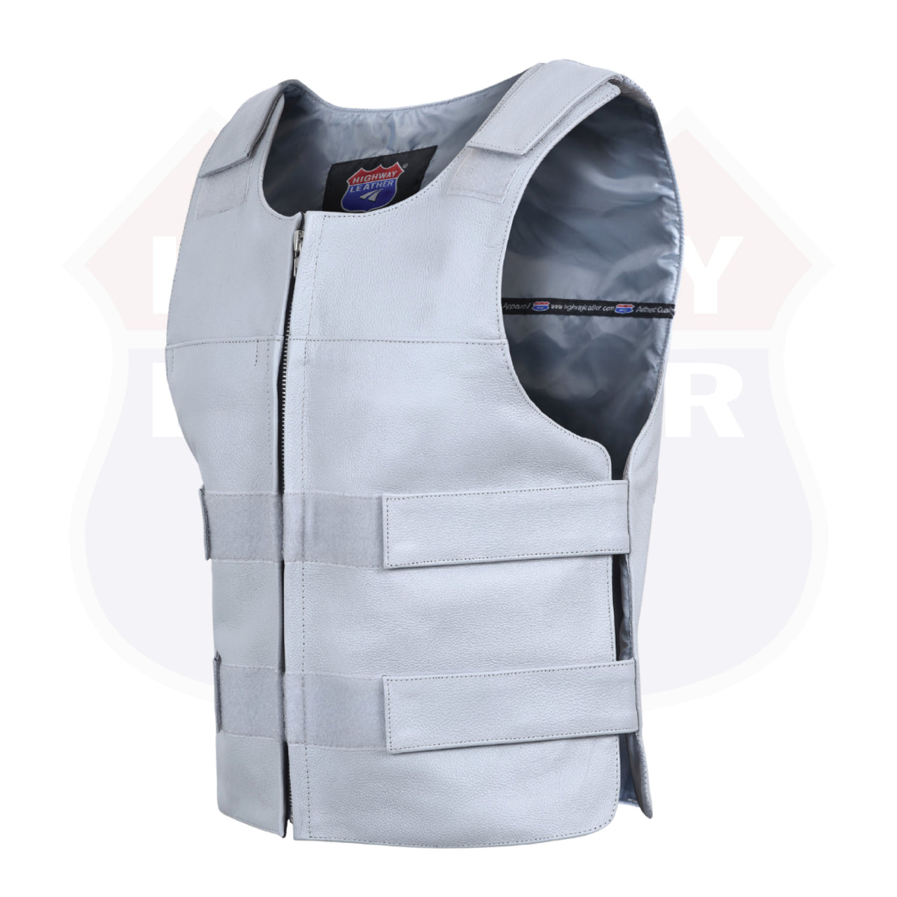 Men’s gray leather motorcycle vest by HighwayLeather, club style biker vest with bulletproof look and rugged design.