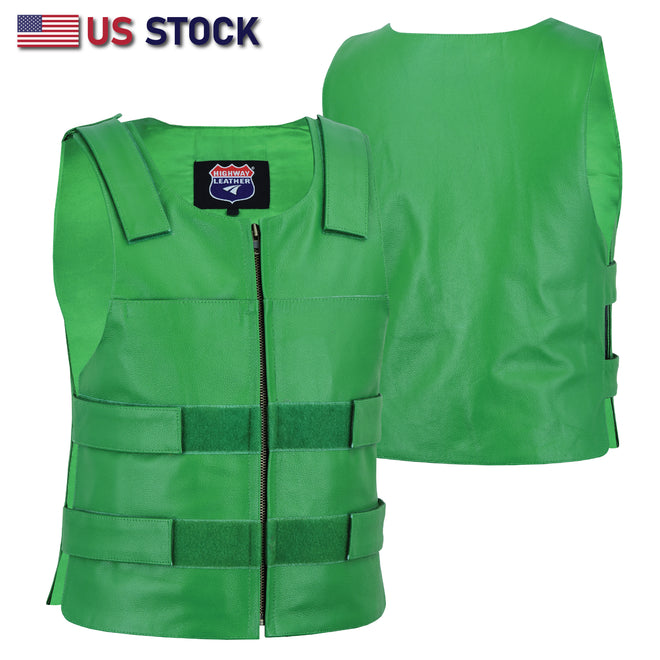 Men’s Green Zippered Tactical Style Leather Biker Club Vest | HL11643