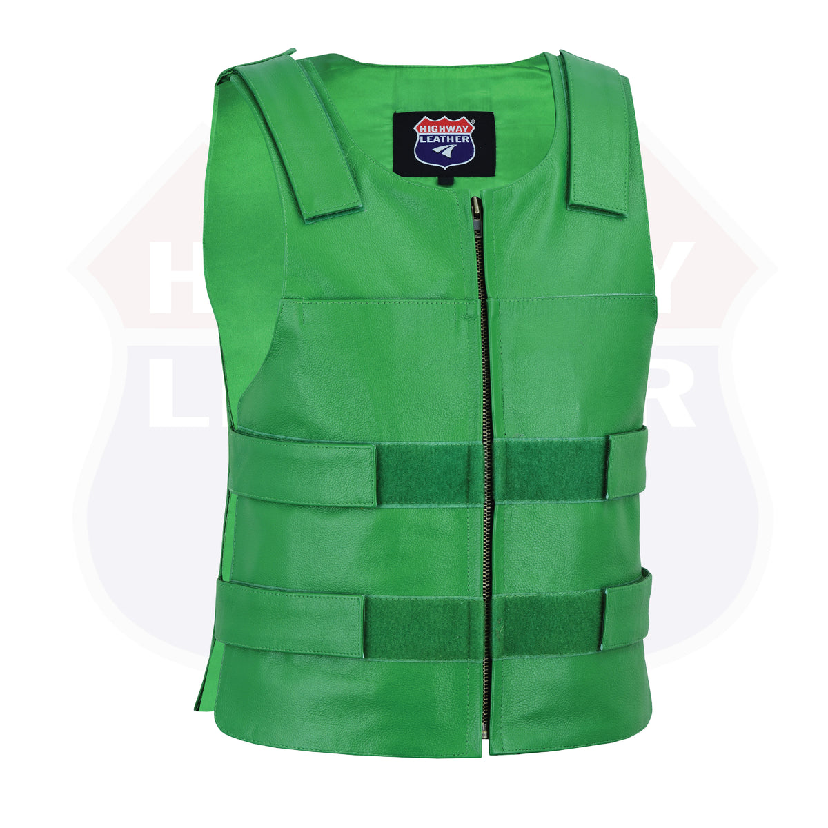 Men’s Green Zippered Tactical Style Leather Biker Club Vest | HL11643