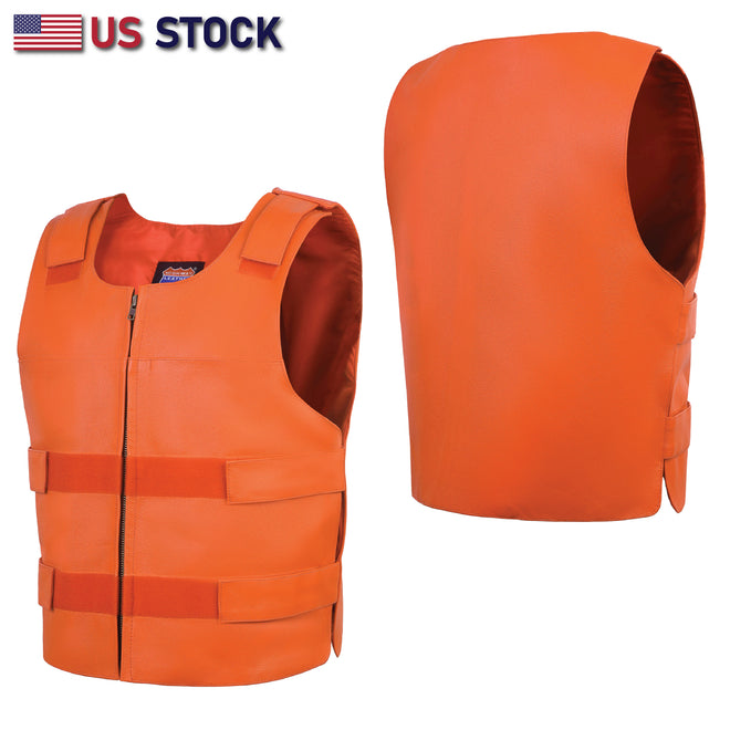 Men’s Orange Tactical Style Leather Vest for Biker Clubs | HL11643ORANGE
