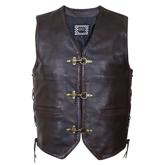 Men's brown heavy metal rocker braid waistcoat vest with buckle from NRA KHANS, featuring a rugged motorcycle vest design.